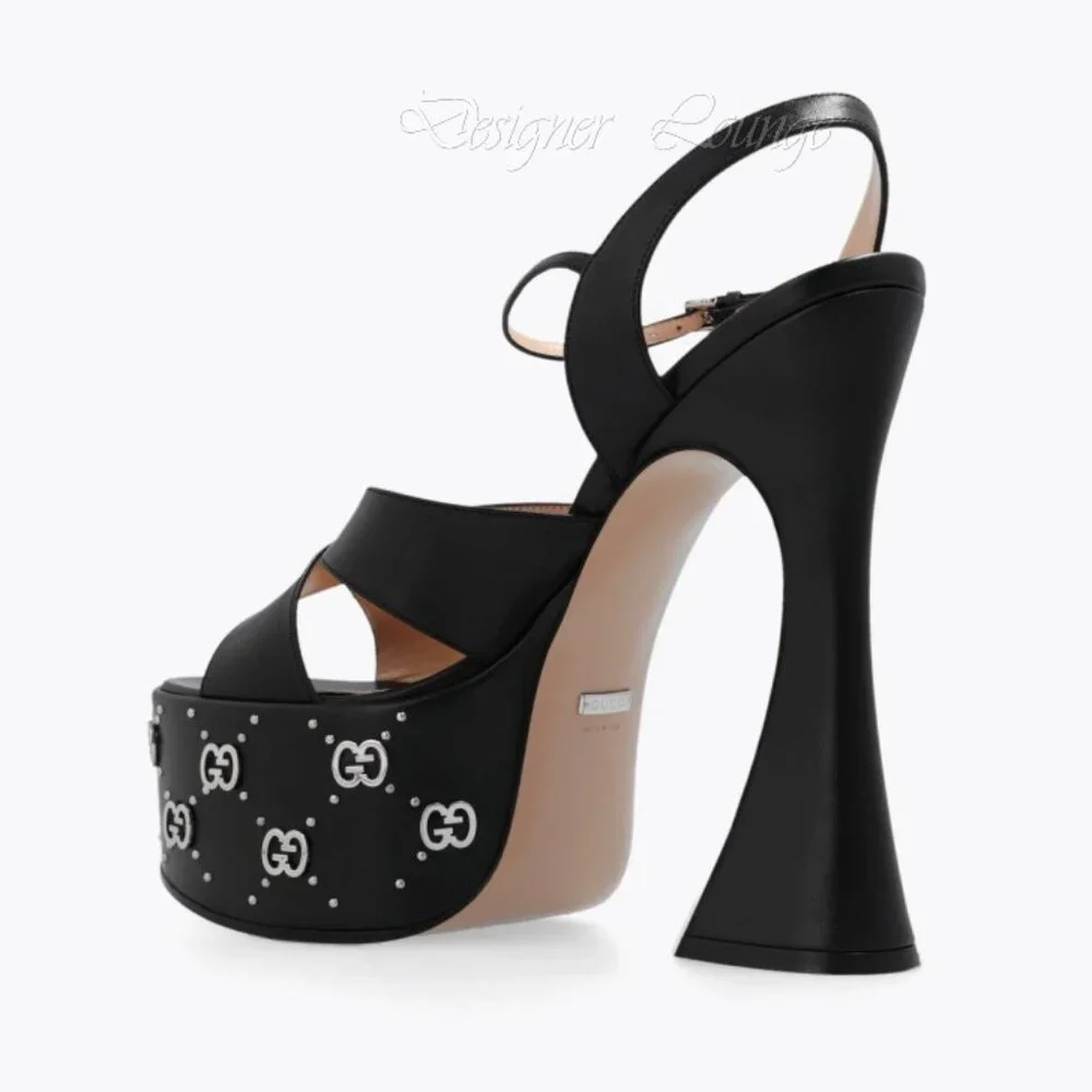 NEW GUCCI Janaya Interlocking G Studs Black Leather Platform Sandals 38.5 US 8.5